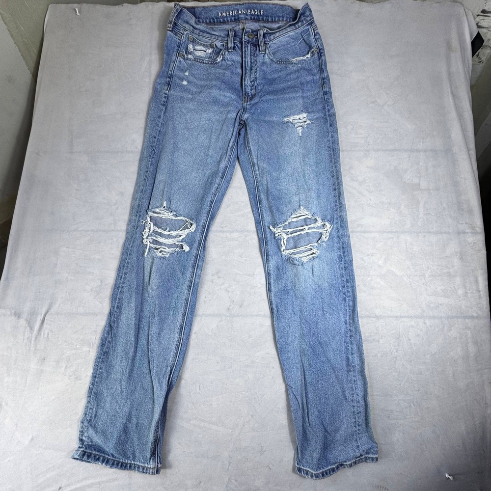 American Eagle Outfitters Womens Distressed Jeans Blue Denim‎ Straight Leg 0 Reg